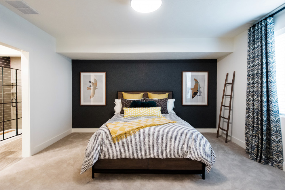 Свежая идея для дизайна: хозяйская спальня среднего размера в стиле модернизм с ковровым покрытием без камина - отличное фото интерьера