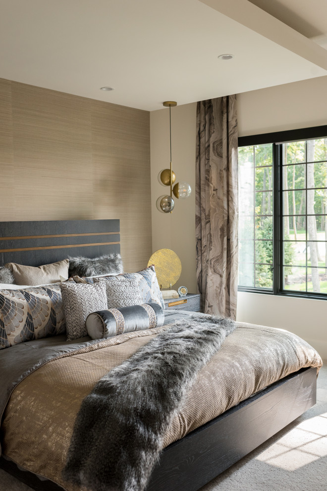 Пример оригинального дизайна: хозяйская спальня среднего размера в современном стиле с ковровым покрытием без камина