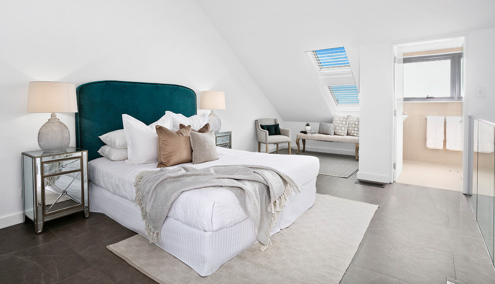 Inspiration for a medium sized contemporary master bedroom in Sydney with white walls and ceramic flooring.