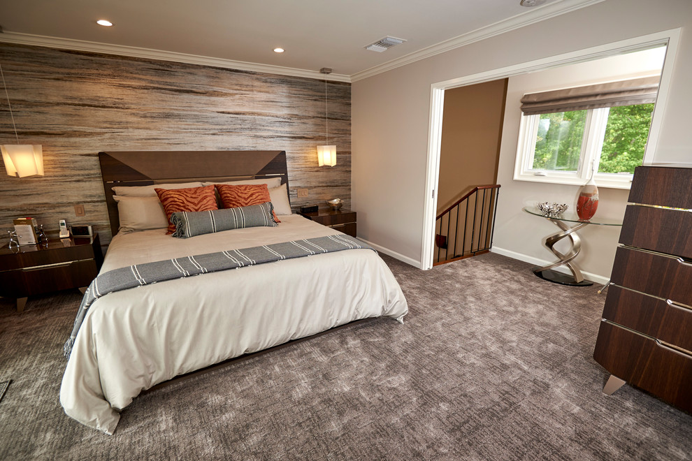 Bedroom - mid-sized transitional limestone floor and beige floor bedroom idea in Denver with beige walls