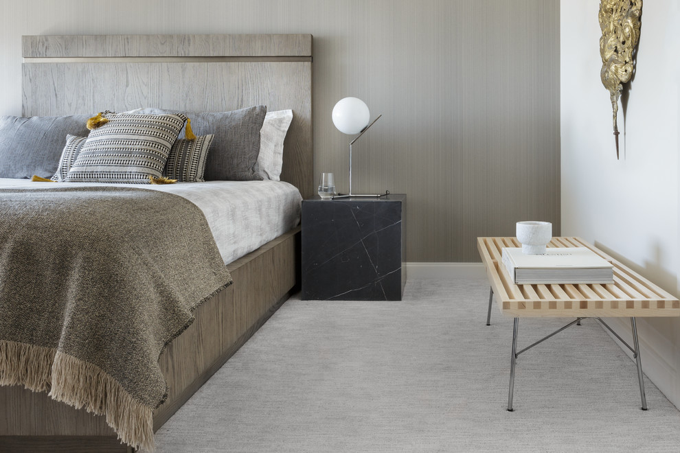 Idéer för funkis sovrum, med grå väggar, heltäckningsmatta och grått golv