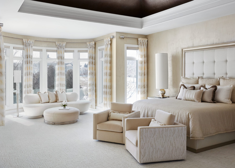 Свежая идея для дизайна: огромная хозяйская спальня в современном стиле с белыми стенами, ковровым покрытием, белым полом и многоуровневым потолком - отличное фото интерьера
