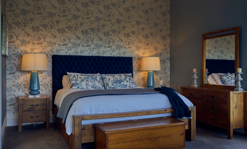 Huge elegant master carpeted and blue floor bedroom photo in Melbourne with blue walls