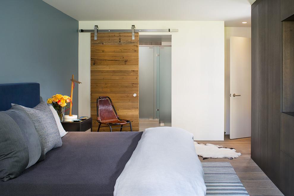 Mittelgroßes Modernes Hauptschlafzimmer ohne Kamin mit blauer Wandfarbe und hellem Holzboden in Denver