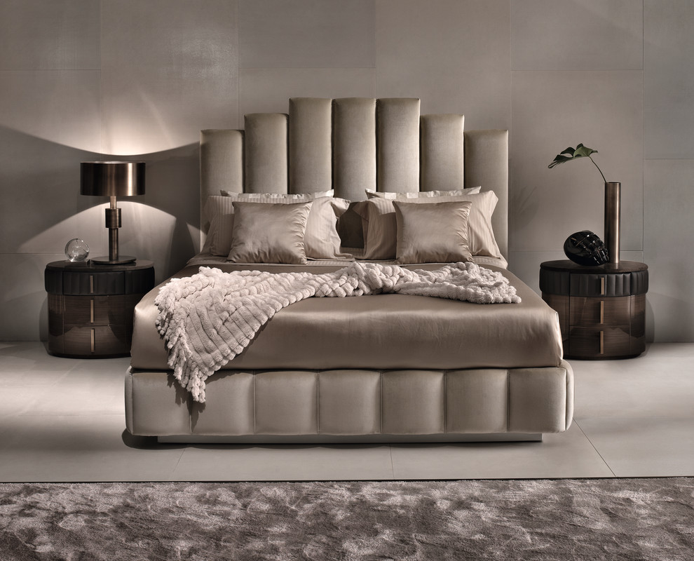 Modelo de dormitorio minimalista con paredes beige y suelo gris