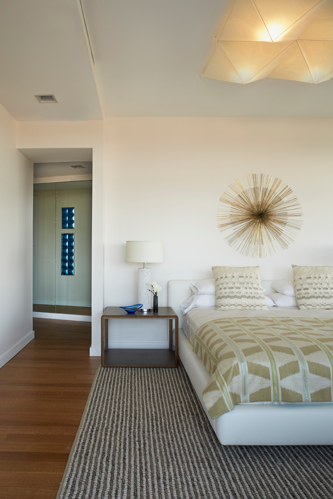 Foto de dormitorio contemporáneo con suelo de madera en tonos medios