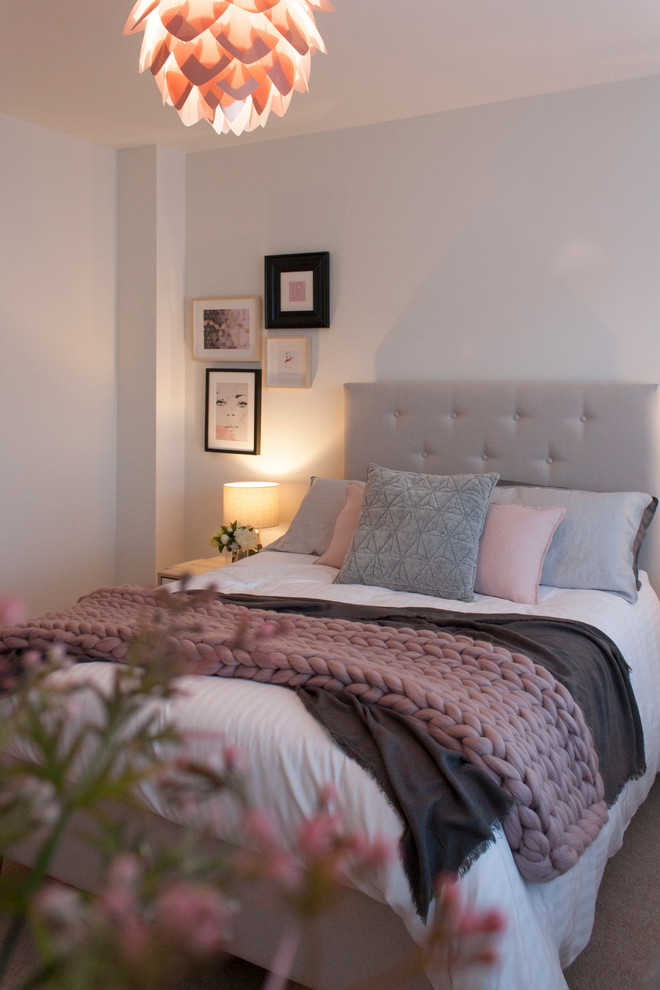 Inspiration for a contemporary grey and pink bedroom in Hertfordshire.