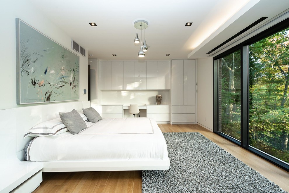 На фото: хозяйская спальня в современном стиле с белыми стенами и светлым паркетным полом без камина