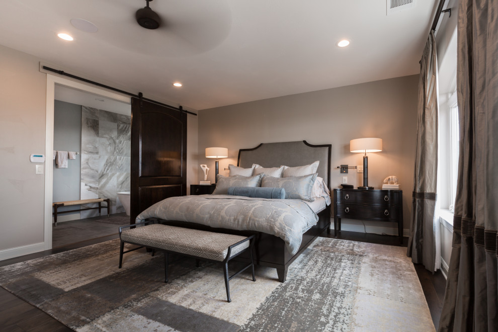 This is an example of a medium sized classic master and grey and brown bedroom in Austin with grey walls, dark hardwood flooring and brown floors.