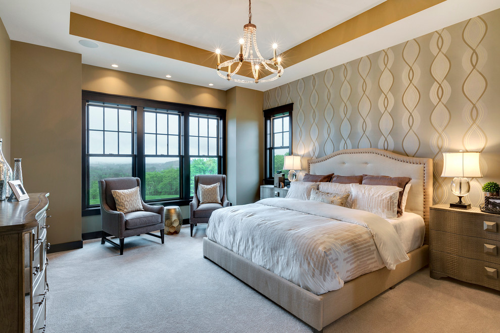 Example of a large classic master carpeted bedroom design in Minneapolis with beige walls and no fireplace