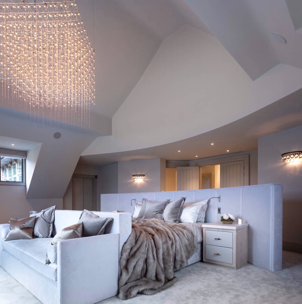Inspiration for a large contemporary master carpeted and gray floor bedroom remodel in Cheshire with gray walls and no fireplace