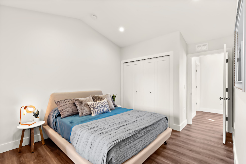 Ejemplo de dormitorio tipo loft contemporáneo de tamaño medio con paredes grises y suelo vinílico