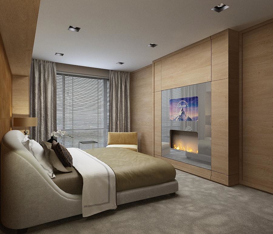 Diseño de dormitorio principal contemporáneo grande con paredes beige, moqueta, chimeneas suspendidas y marco de chimenea de metal