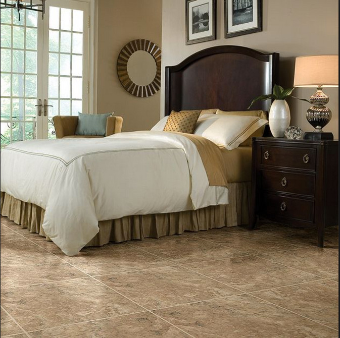 Inspiration for a medium sized contemporary master bedroom in Kansas City with beige walls, vinyl flooring and no fireplace.