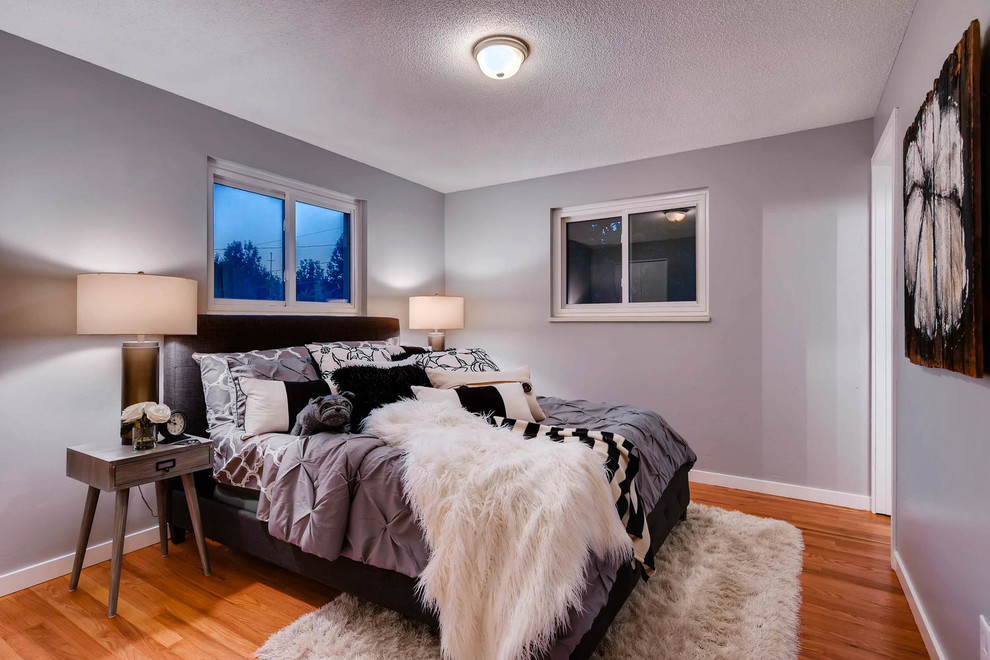 Photo of a small traditional guest bedroom in Denver with grey walls, medium hardwood flooring, no fireplace and brown floors.