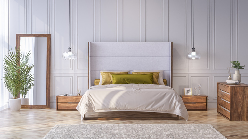 Ejemplo de dormitorio principal actual de tamaño medio con paredes marrones, suelo de cemento, suelo gris, madera y ladrillo