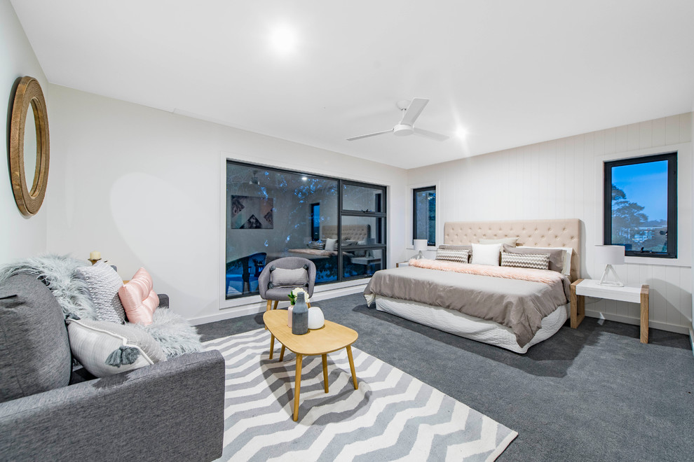 Bedroom - mid-sized coastal master carpeted and gray floor bedroom idea in Canberra - Queanbeyan with white walls