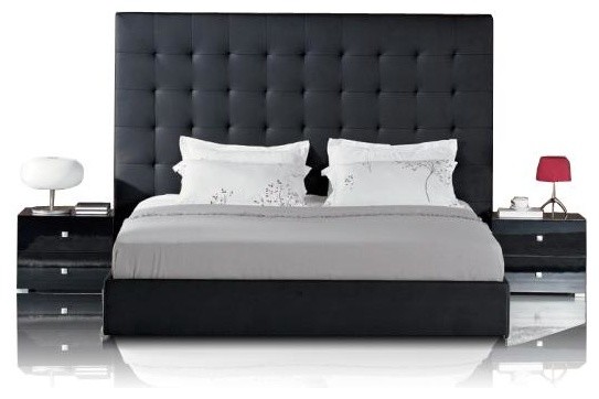 A Black Bonded Leather Bed With, Tall Leather Headboards