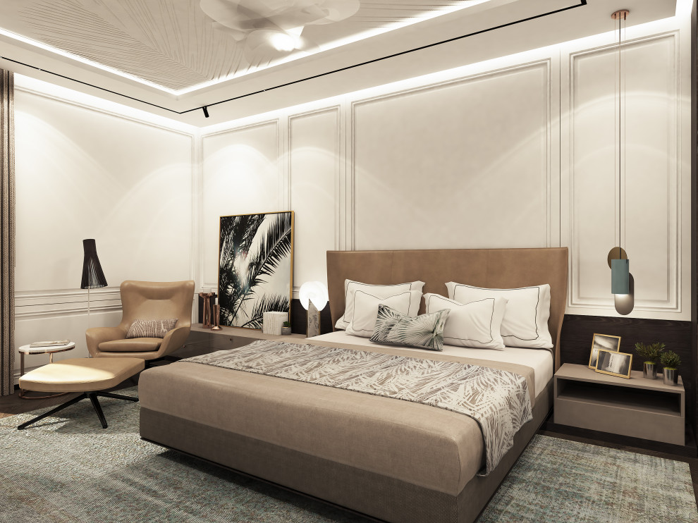 Ispirazione per una grande camera degli ospiti minimalista con parquet scuro, pavimento marrone, pareti bianche, soffitto ribassato e boiserie