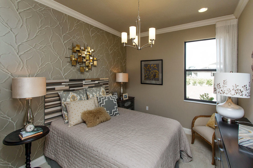 Inspiration for a mid-sized transitional guest carpeted bedroom remodel in Orlando with beige walls