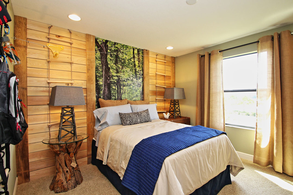 Exemple d'une chambre avec moquette chic avec un mur beige et aucune cheminée.