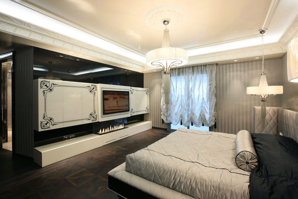 Источник вдохновения для домашнего уюта: спальня в современном стиле с серыми стенами и акцентной стеной