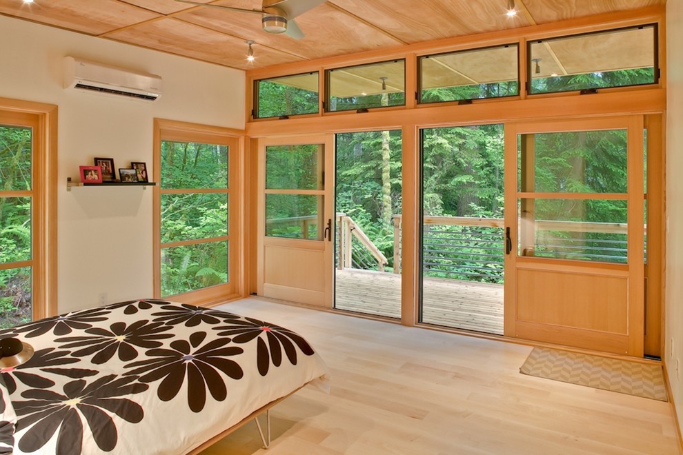 Bild på ett funkis sovrum, med beige väggar och ljust trägolv