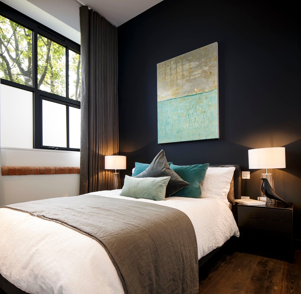 Bedroom - mid-sized contemporary guest dark wood floor bedroom idea in London with gray walls