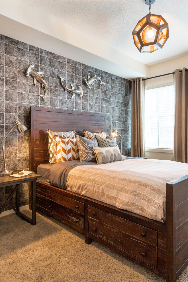 Example of a mid-sized transitional master carpeted bedroom design in Calgary with gray walls