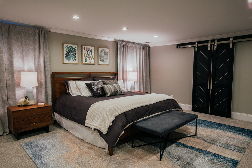 Design ideas for an expansive classic master bedroom in Denver with grey walls, carpet, a standard fireplace, a brick fireplace surround and grey floors.