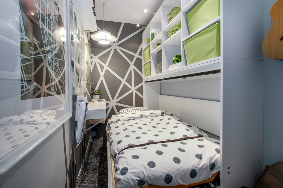 Idéer för mellanstora funkis gästrum, med grå väggar, heltäckningsmatta och grått golv