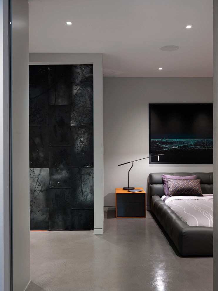 Bedroom - large modern master concrete floor bedroom idea in Vancouver with gray walls