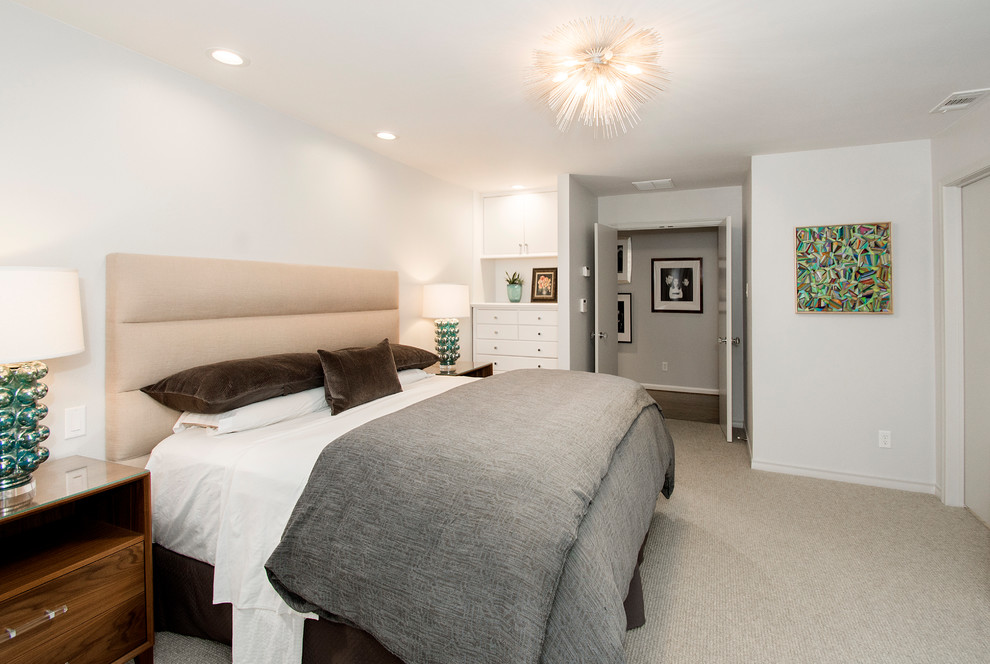 This is an example of a large traditional bedroom in Dallas with grey walls, porcelain flooring and white floors.