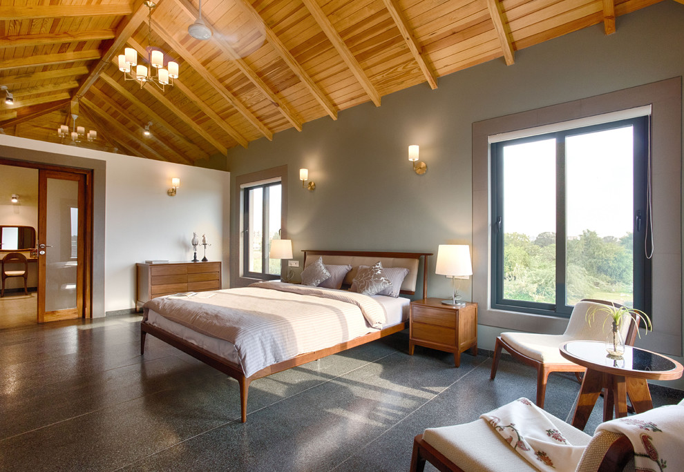 Diseño de dormitorio ecléctico de tamaño medio con suelo gris