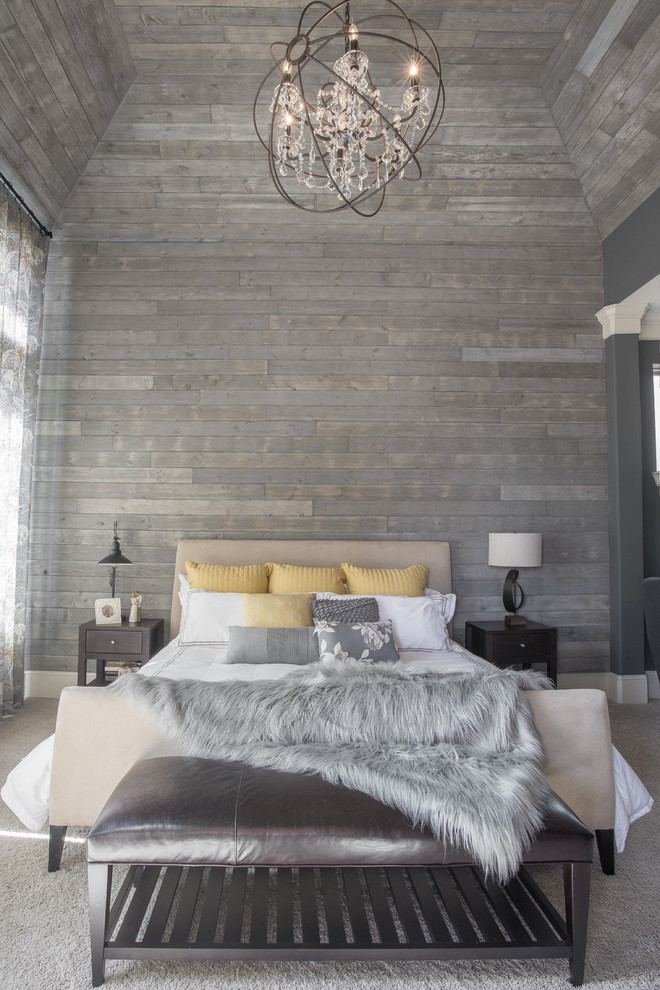 Foto de dormitorio principal actual grande sin chimenea con paredes grises y moqueta
