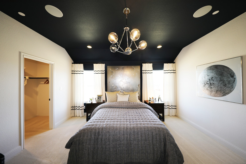 Design ideas for a contemporary bedroom in Dallas with carpet, beige floors and white walls.
