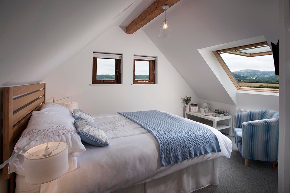 Example of a small cottage guest carpeted bedroom design in Cornwall with white walls