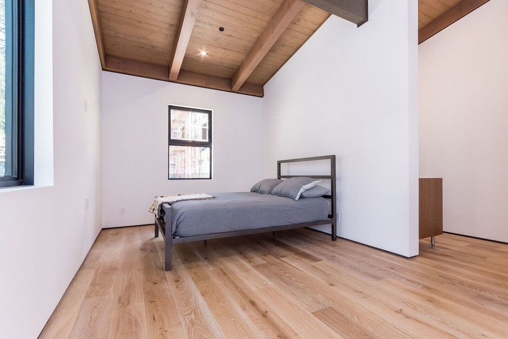 Mittelgroßes Modernes Gästezimmer ohne Kamin mit weißer Wandfarbe und hellem Holzboden in Los Angeles