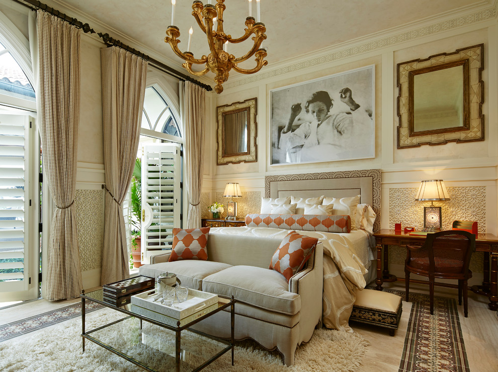 Inspiration for a classic master bedroom in Miami with beige walls.