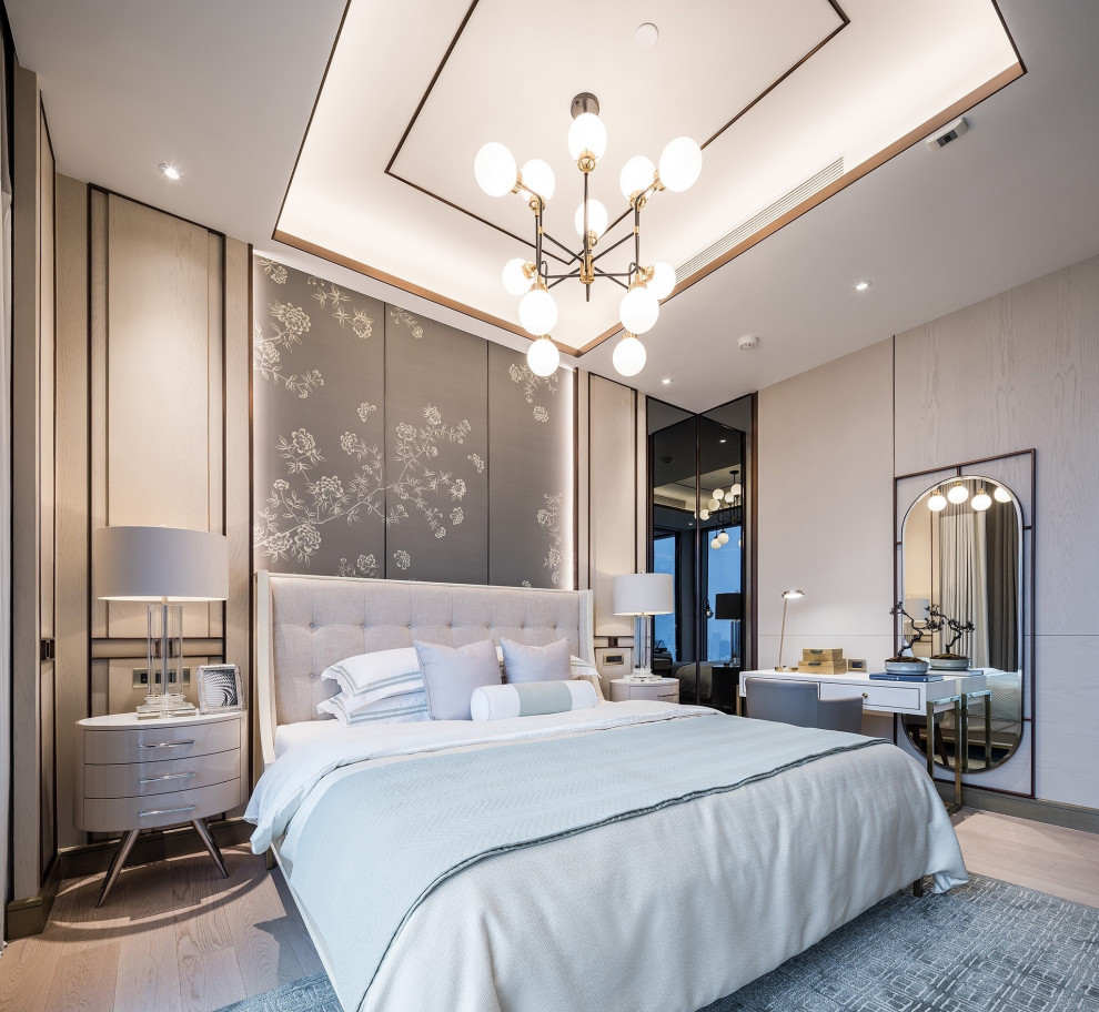 Foto di una camera da letto design di medie dimensioni con parquet chiaro, pavimento beige, soffitto a cassettoni e pareti in legno