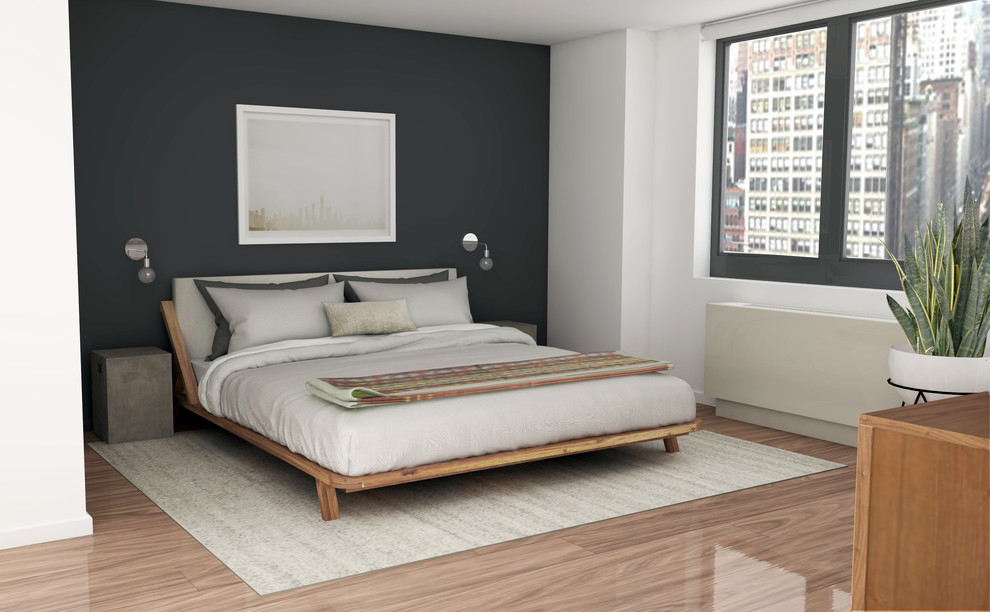 This is an example of a small midcentury master and grey and silver bedroom in New York with grey walls, medium hardwood flooring and no fireplace.