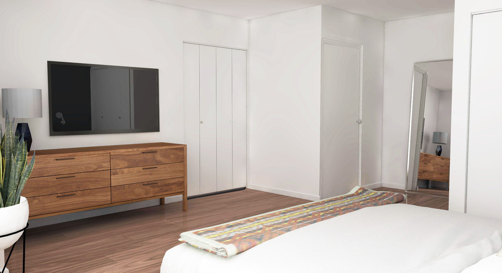 Foto de dormitorio principal vintage pequeño sin chimenea con paredes grises y suelo de madera en tonos medios