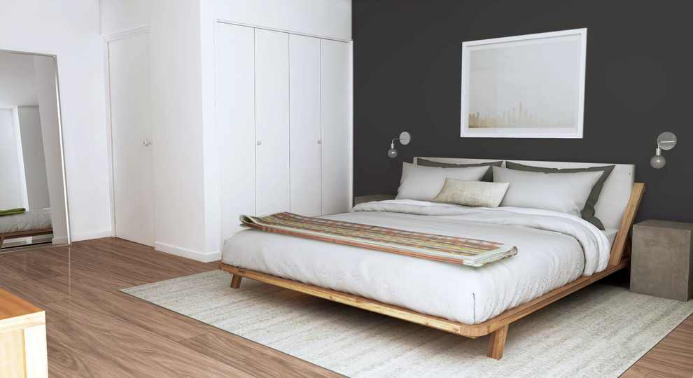 Imagen de dormitorio principal vintage pequeño sin chimenea con paredes grises y suelo de madera en tonos medios