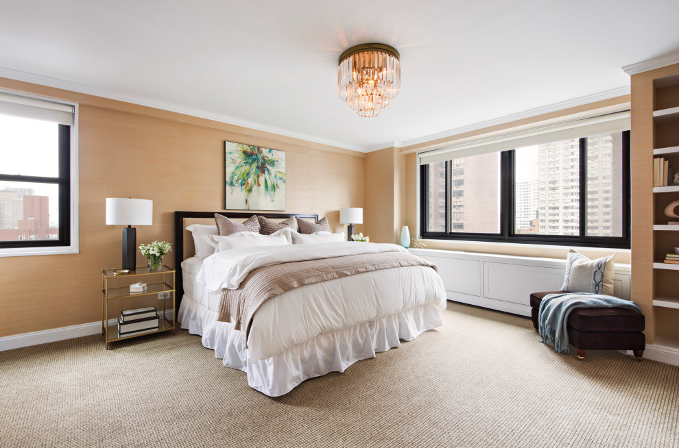 Inspiration for a mid-sized transitional master bedroom remodel in New York with brown walls