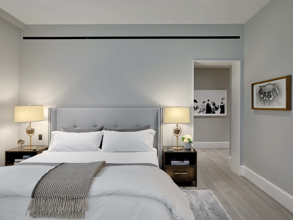 Modelo de habitación de invitados actual grande con paredes grises, suelo de madera clara y suelo gris