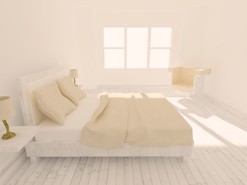Стильный дизайн: большая гостевая спальня (комната для гостей) в стиле модернизм с белыми стенами, светлым паркетным полом и белым полом - последний тренд