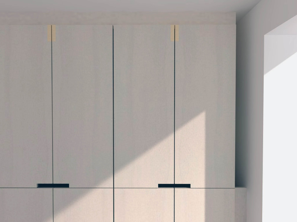 Cette image montre une grande chambre d'amis minimaliste.