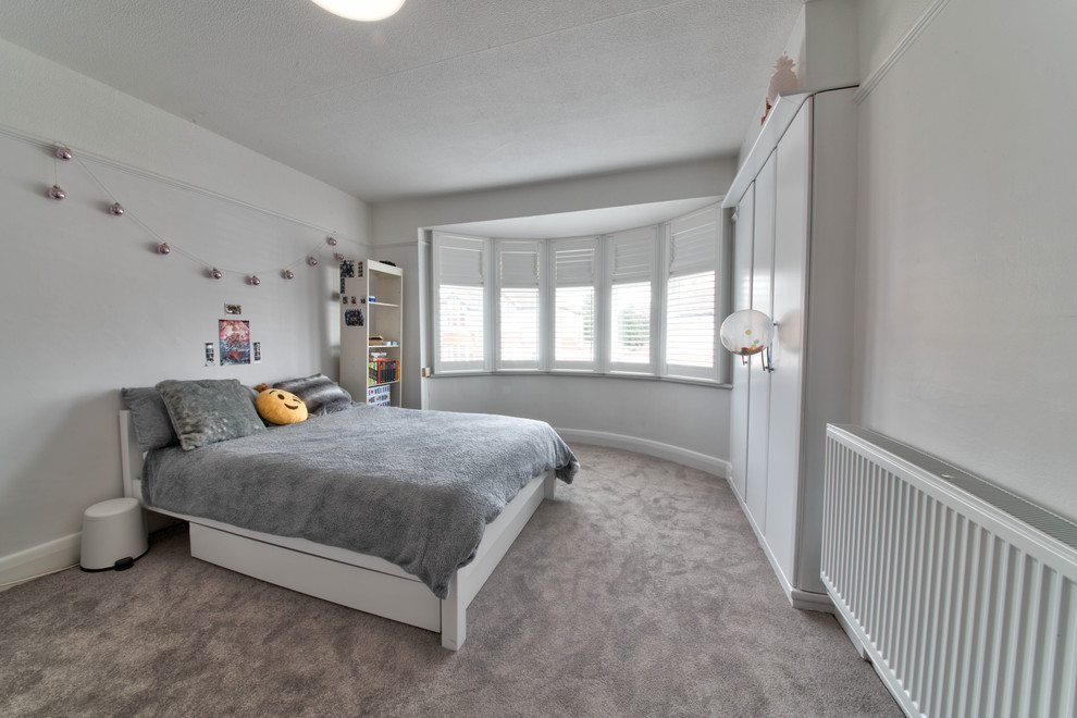 Diseño de habitación de invitados contemporánea de tamaño medio con paredes grises, moqueta y suelo gris