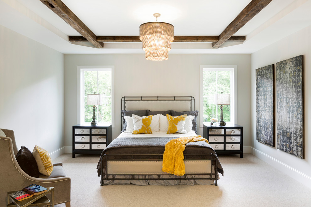 Large classic master bedroom in Minneapolis with grey walls, carpet and beige floors.