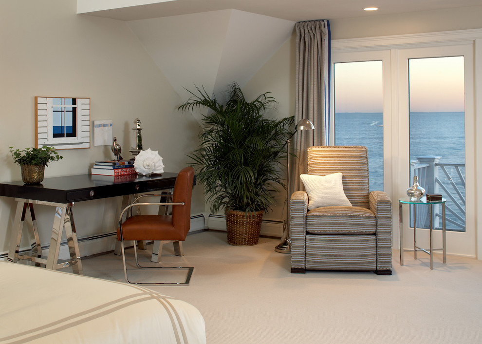 Design ideas for a large beach style guest bedroom in Boston with carpet and white walls.